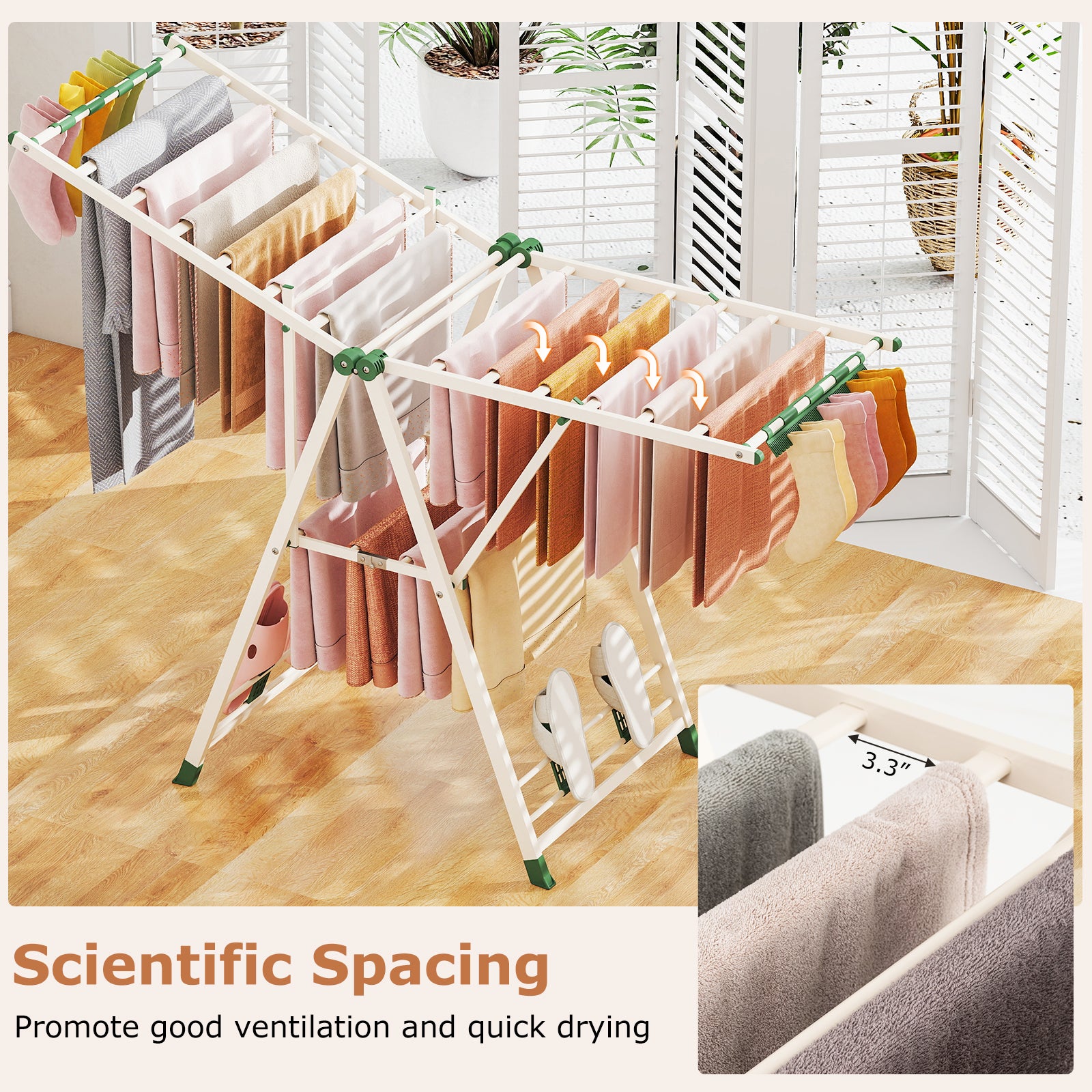 64 Inches Clothes Drying Rack with Height Adjustable Wings-Beige
