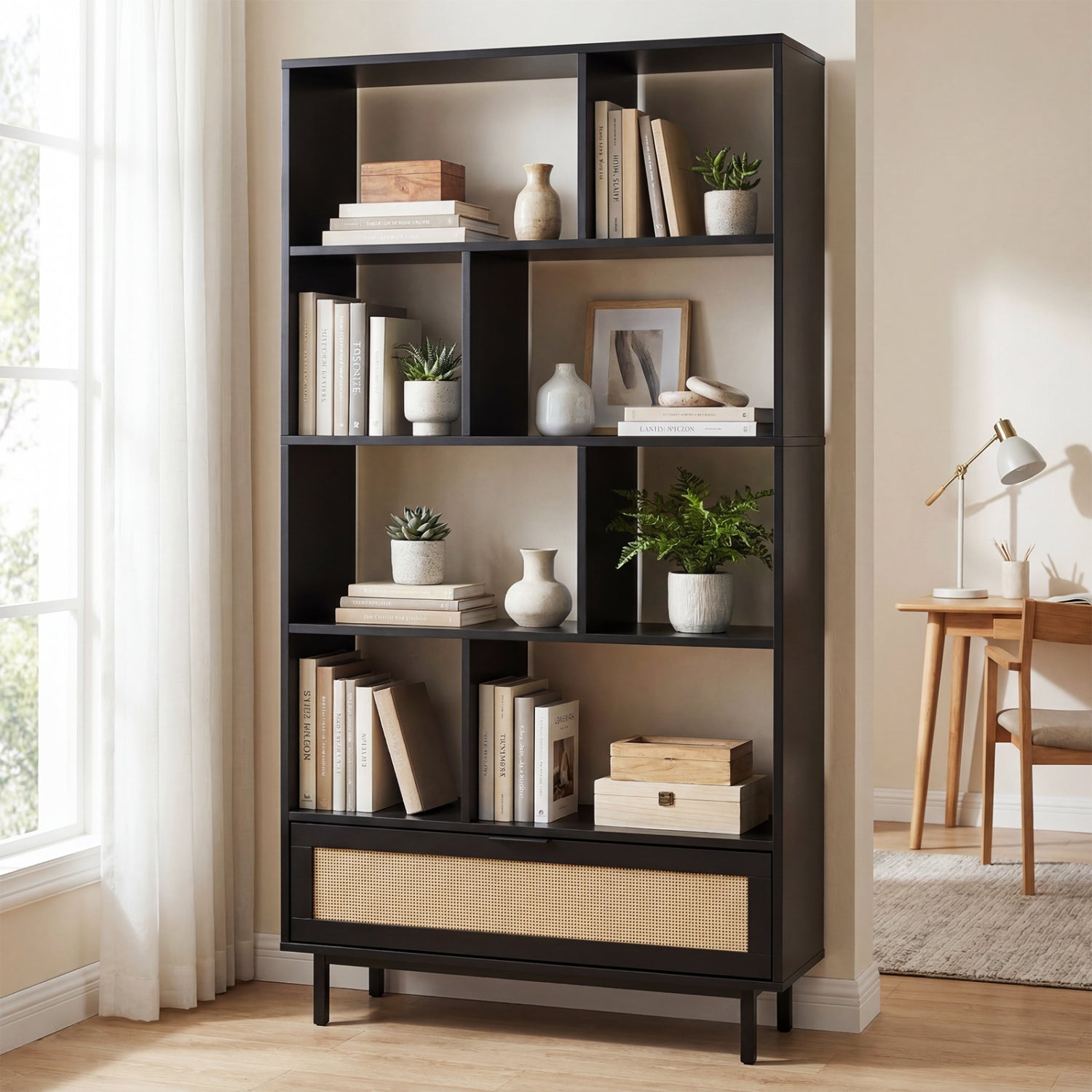 64 inch 6-Tier Tall Wooden Bookcase with 8 Open Cubes-Black