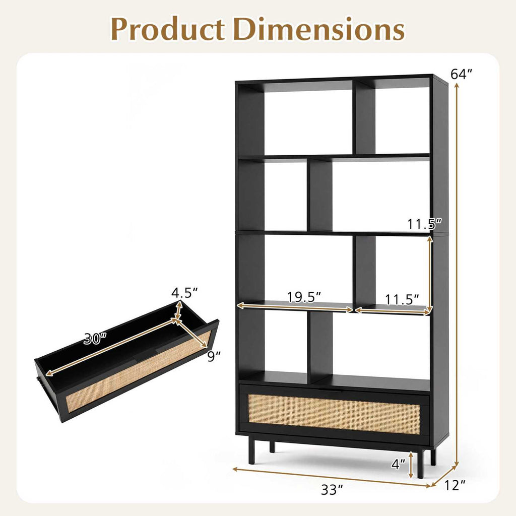 64 inch 6-Tier Tall Wooden Bookcase with 8 Open Cubes-Black