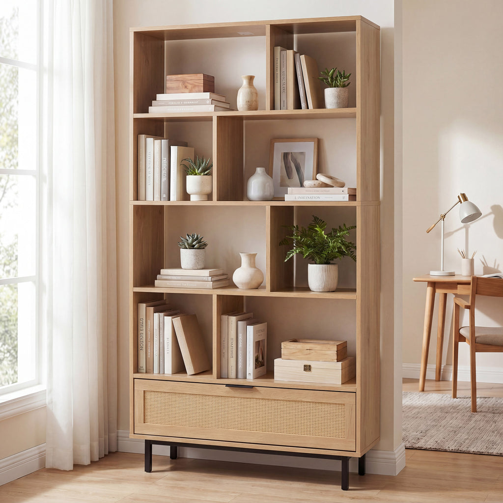 64 inch 6-Tier Tall Wooden Bookcase with 8 Open Cubes-Natural