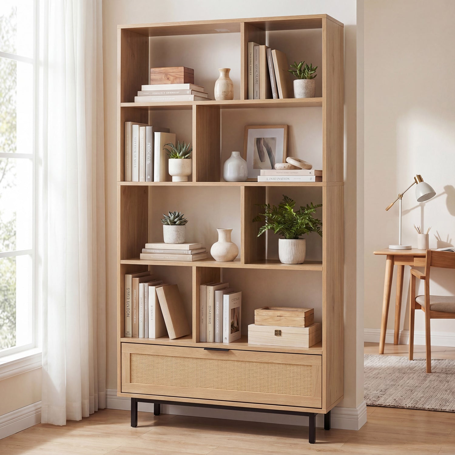 64 inch 6-Tier Tall Wooden Bookcase with 8 Open Cubes-Natural