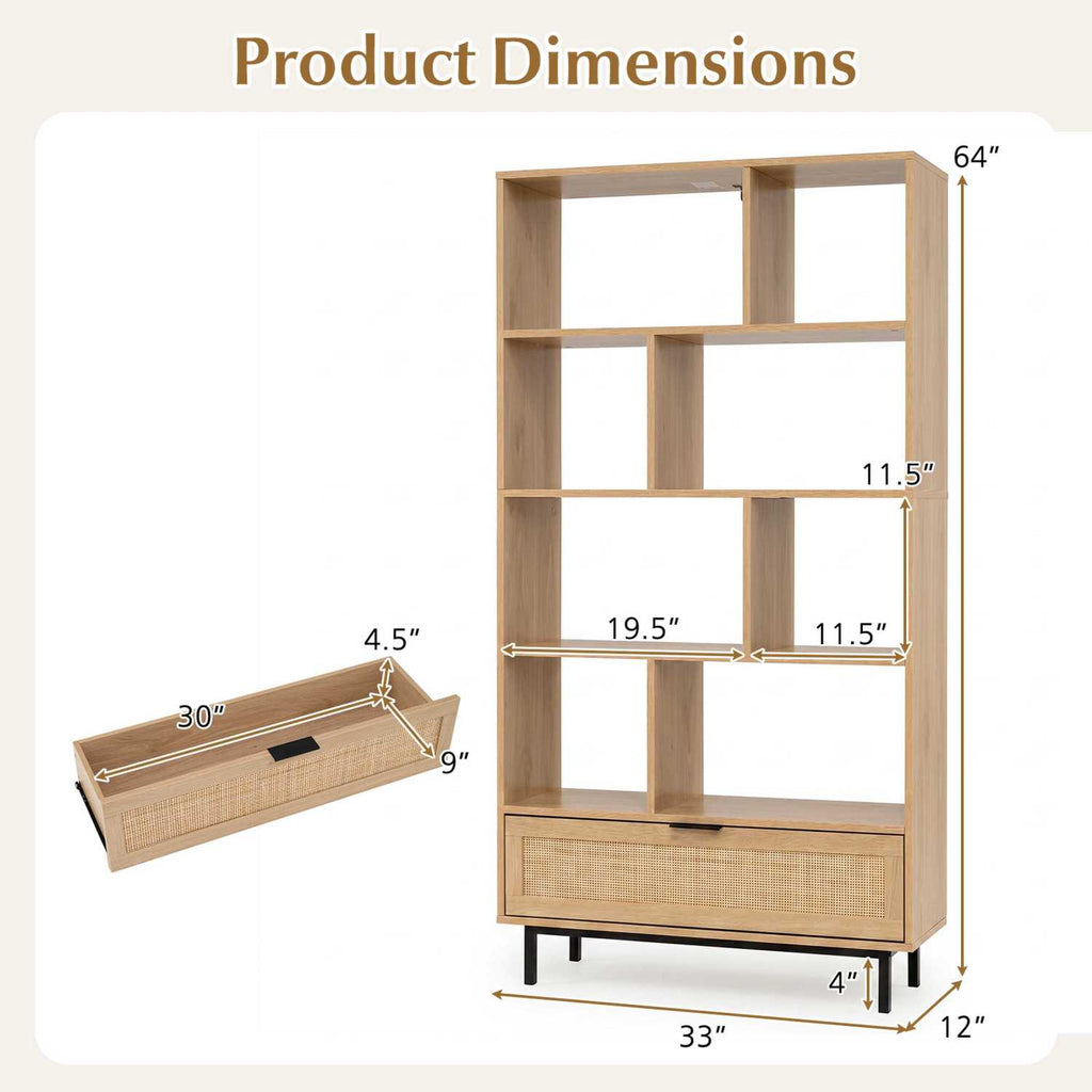 64 inch 6-Tier Tall Wooden Bookcase with 8 Open Cubes-Natural