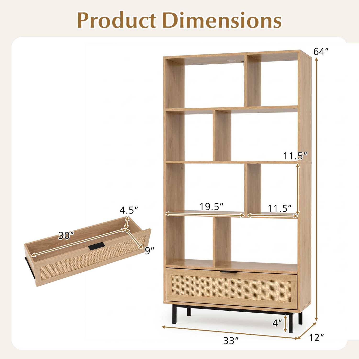 64 inch 6-Tier Tall Wooden Bookcase with 8 Open Cubes-Natural
