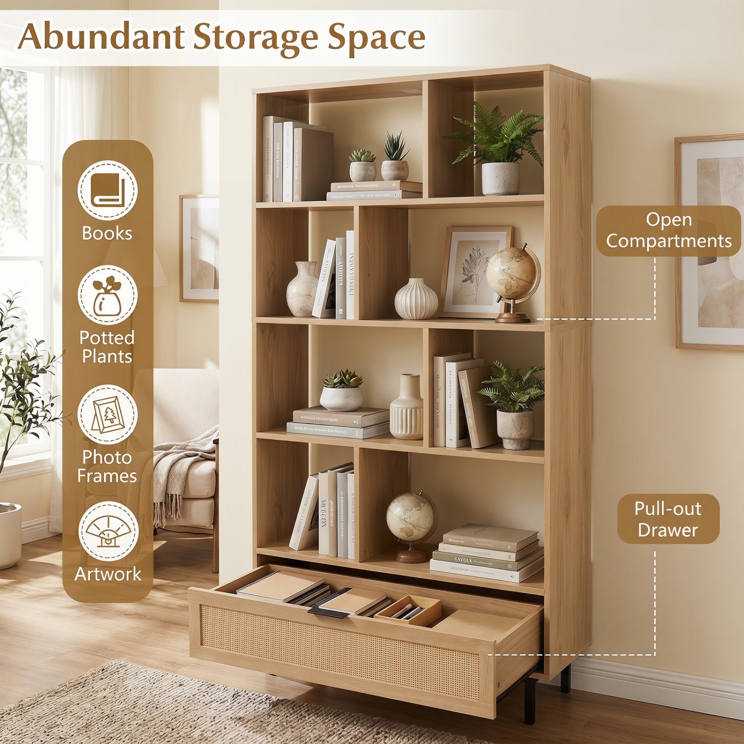 64 inch 6-Tier Tall Wooden Bookcase with 8 Open Cubes-Natural