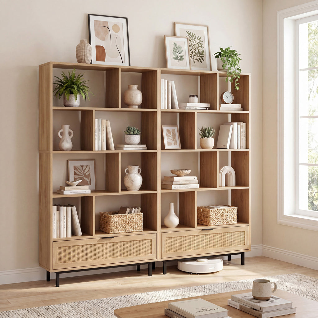 64 inch 6-Tier Tall Wooden Bookcase with 8 Open Cubes-Natural