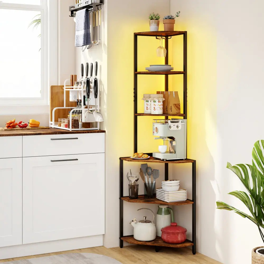 65 Inch 6-Tier Corner Shelf with Charging Station and Ambience Light-Rustic Brown - Bookcases
