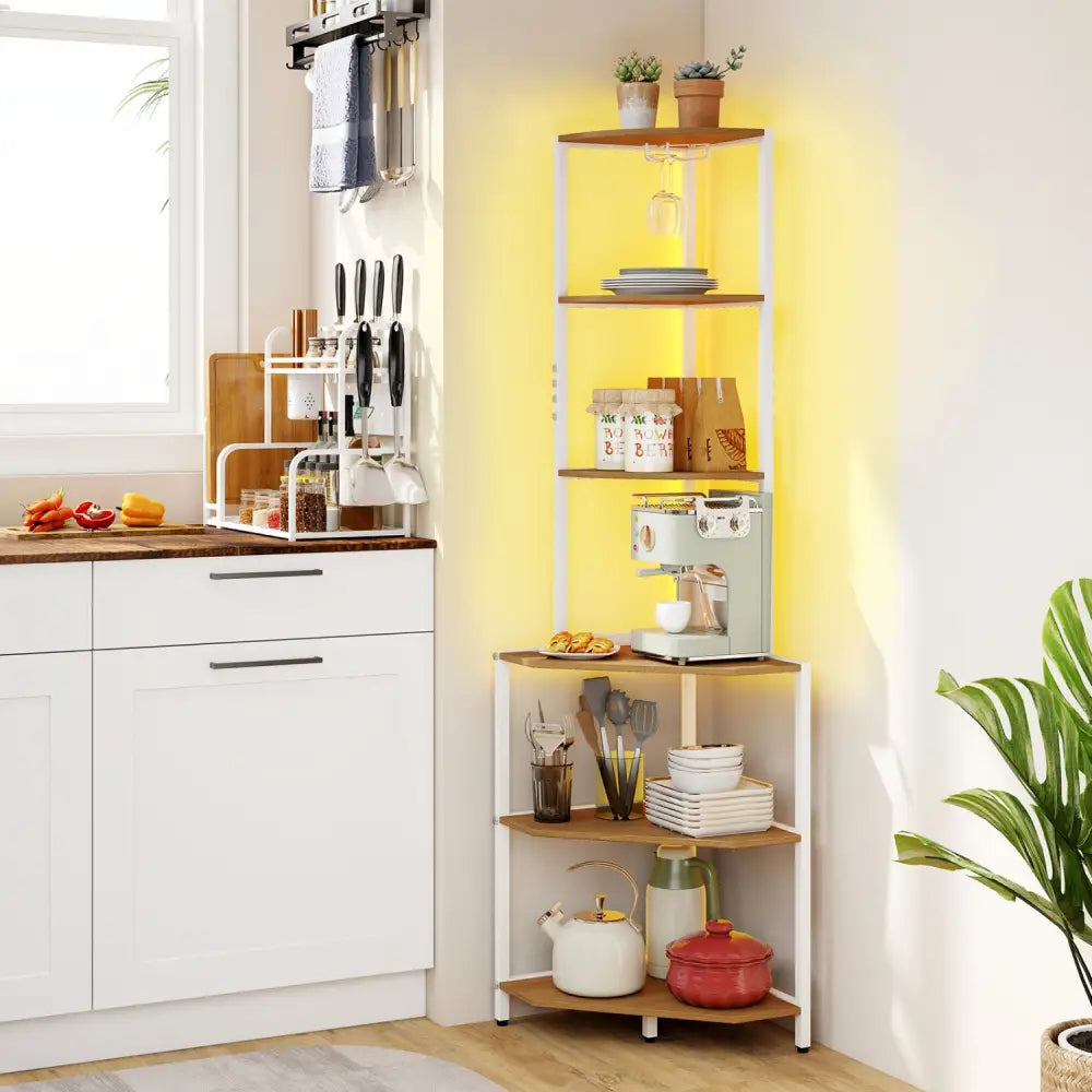65 Inch 6-Tier Corner Shelf with Charging Station and Ambience Light-Natural - Natural & White - Bookcases