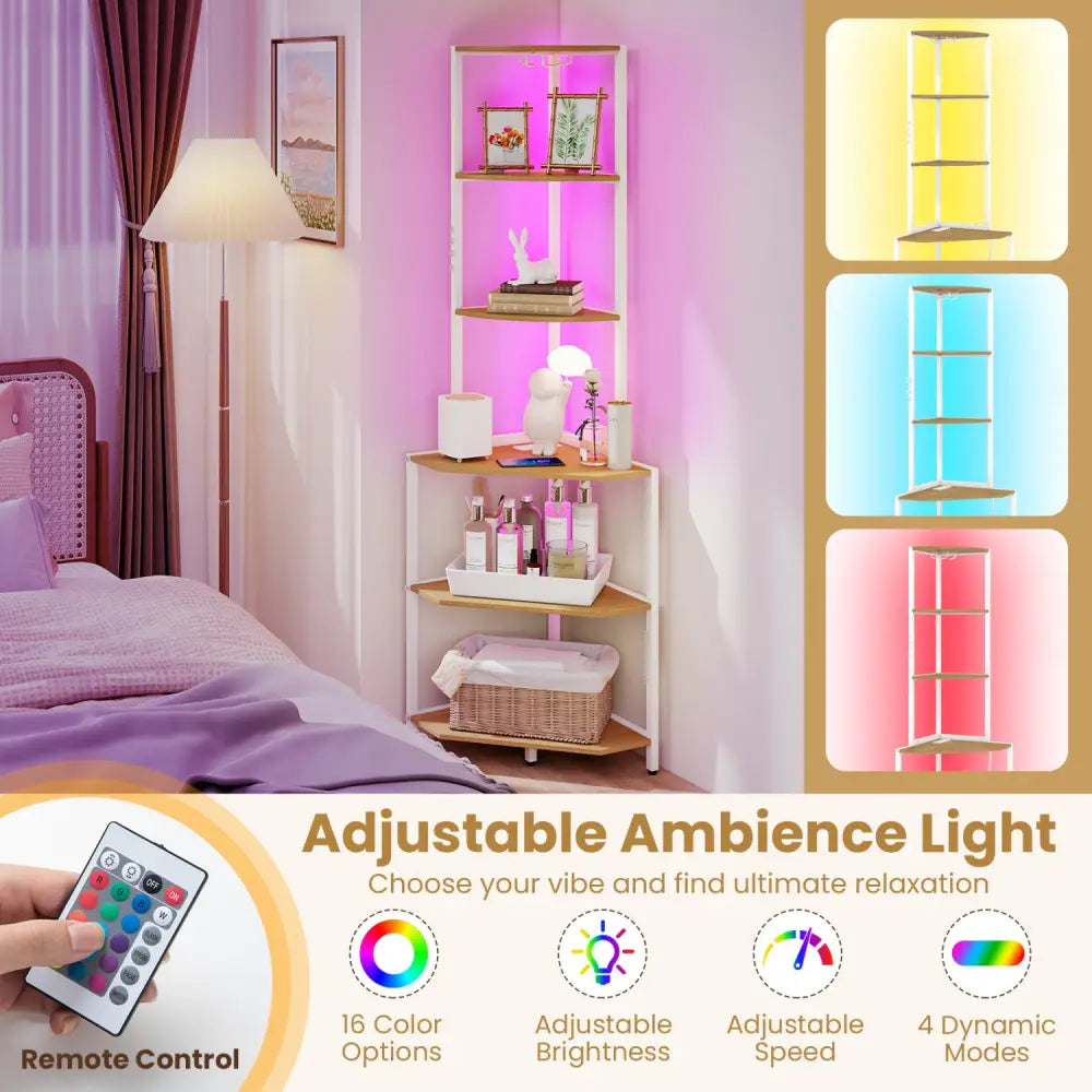 65 Inch 6-Tier Corner Shelf with Charging Station and Ambience Light-Natural - Natural & White - Bookcases