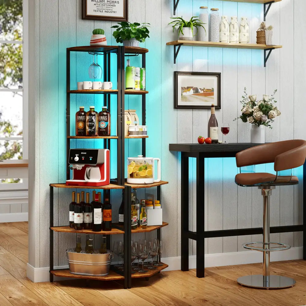 65 Inch 6-Tier Corner Shelf with Charging Station and Ambience Light-Rustic Brown - Bookcases