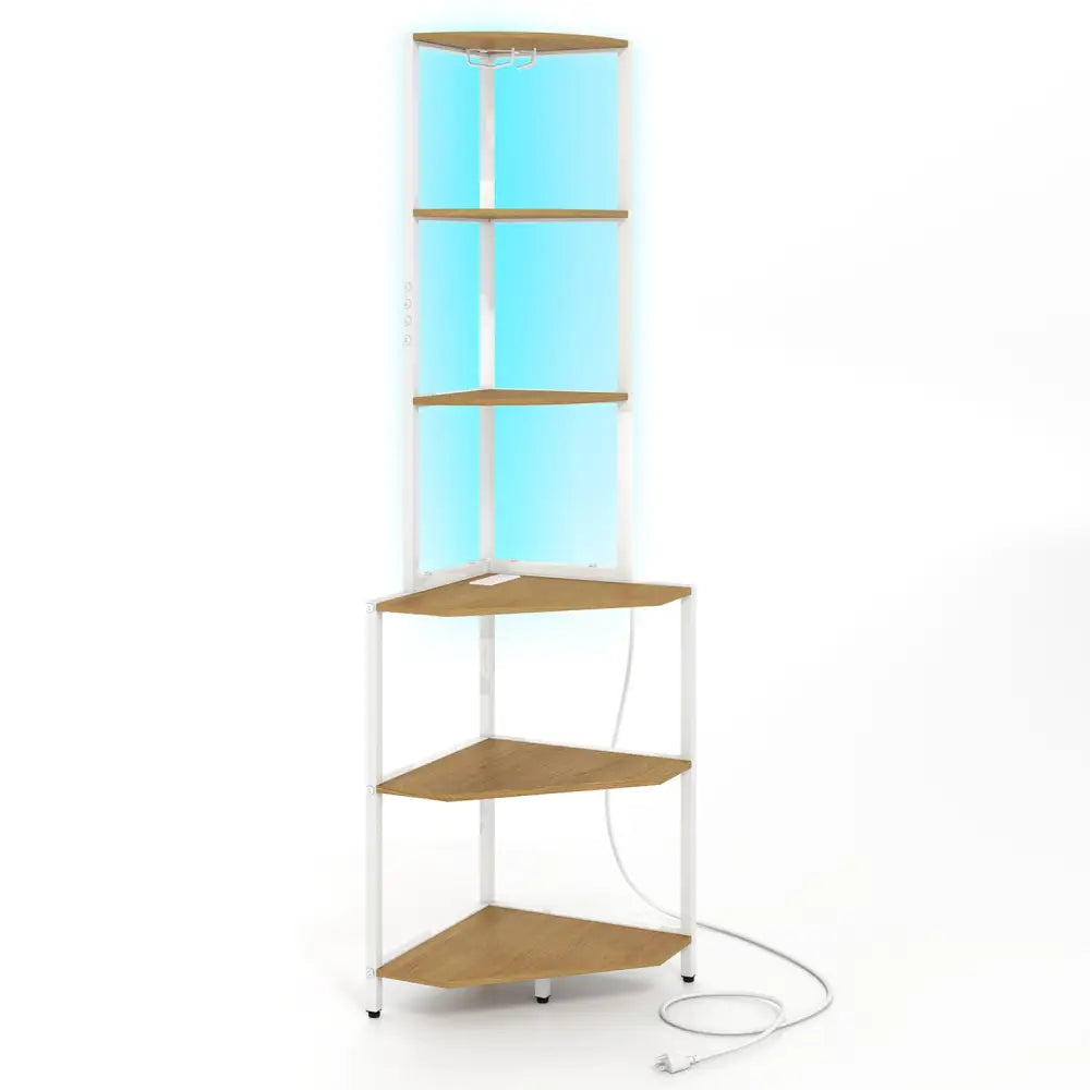 65 Inch 6-Tier Corner Shelf with Charging Station and Ambience Light-Natural - Natural & White - Bookcases