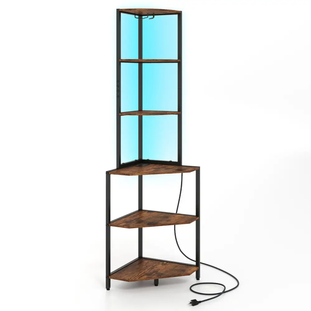 65 Inch 6-Tier Corner Shelf with Charging Station and Ambience Light-Rustic Brown - Bookcases