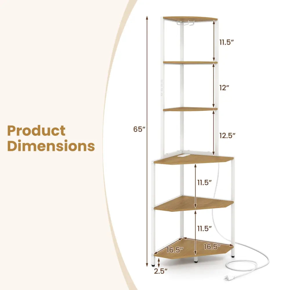 65 Inch 6-Tier Corner Shelf with Charging Station and Ambience Light-Natural - Natural & White - Bookcases