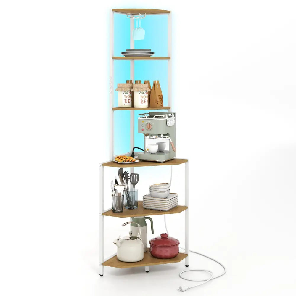 65 Inch 6-Tier Corner Shelf with Charging Station and Ambience Light-Natural - Natural & White - Bookcases