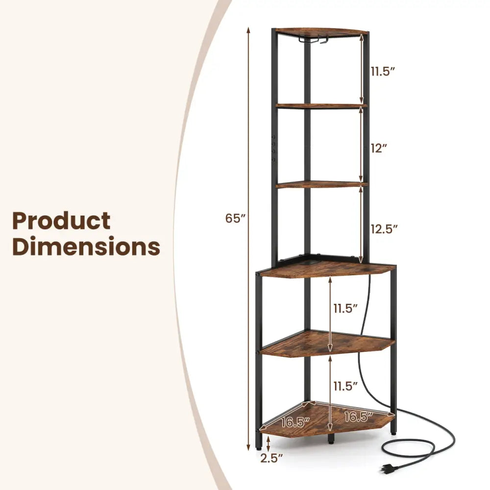 65 Inch 6-Tier Corner Shelf with Charging Station and Ambience Light-Rustic Brown - Bookcases