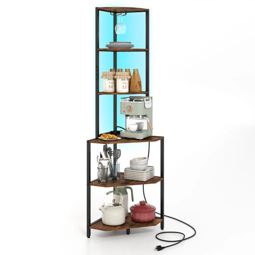 65 Inch 6-Tier Corner Shelf with Charging Station and Ambience Light-Rustic Brown - Bookcases