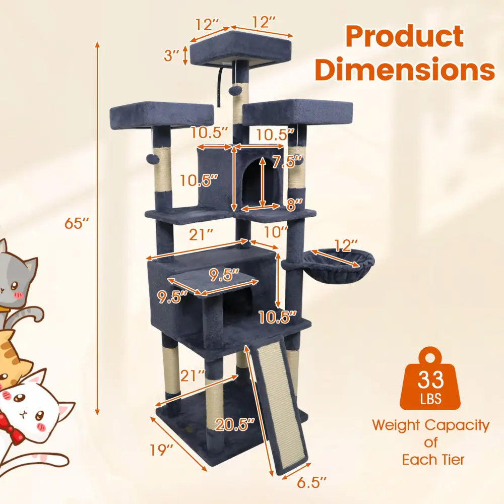 65 Inch Tall Multi-level Cat Tree with 3 Upholstered Perch and 2 Cat Condos-Dark Gray - Dark Gray - Cat Trees Condos &