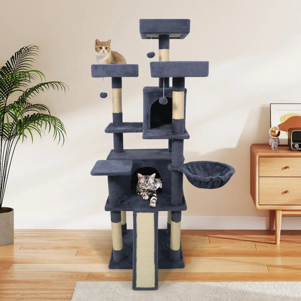 65 Inch Tall Multi-level Cat Tree with 3 Upholstered Perch and 2 Cat Condos-Dark Gray - Dark Gray - Cat Trees Condos &