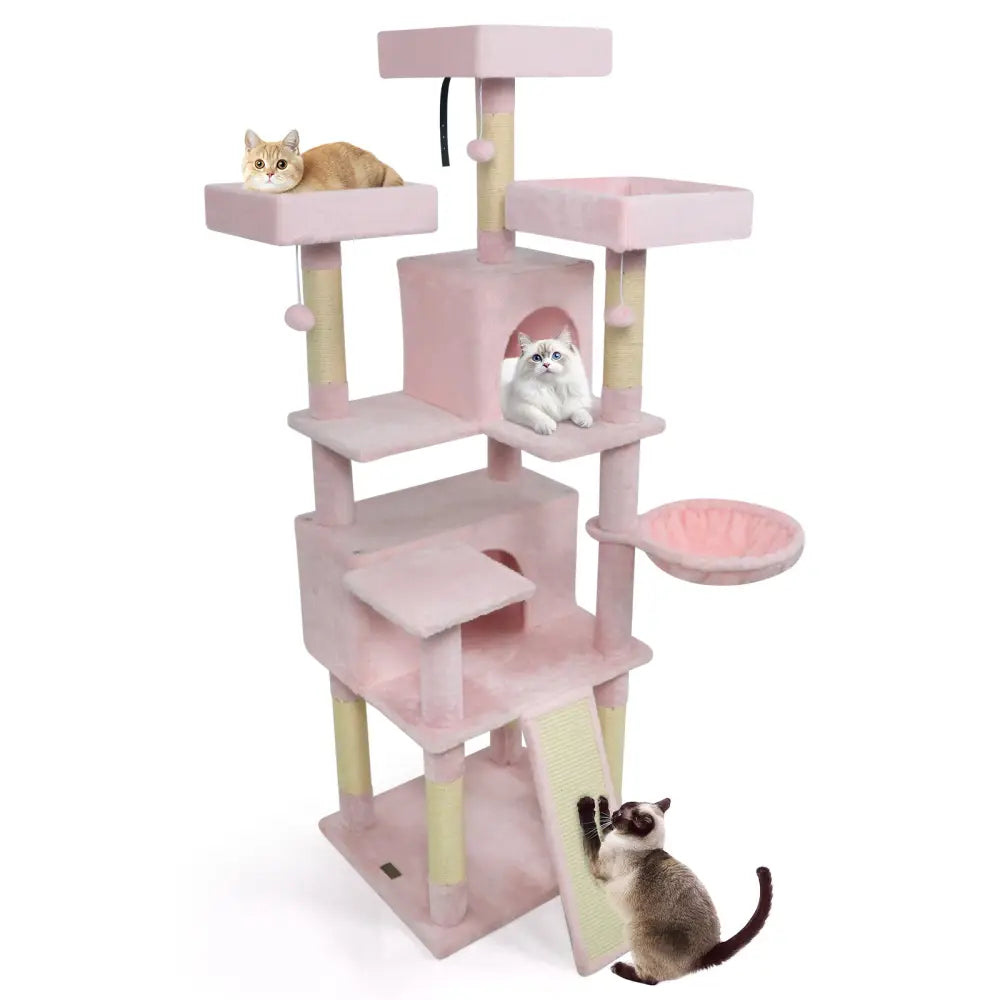 65 Inch Tall Multi-level Cat Tree with 3 Upholstered Perch and 2 Cat Condos-Pink - Pink - Cat Trees Condos & Scratchers