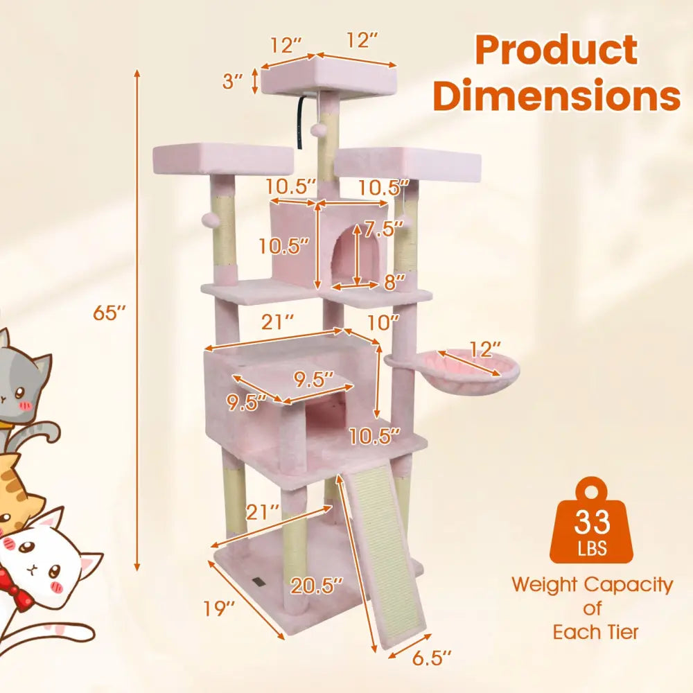65 Inch Tall Multi-level Cat Tree with 3 Upholstered Perch and 2 Cat Condos-Pink - Pink - Cat Trees Condos & Scratchers