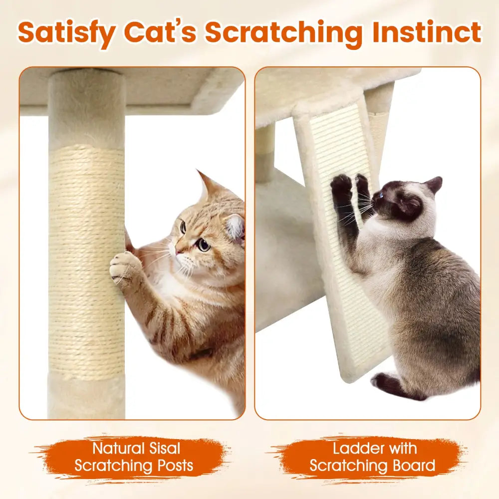 65 Inch Tall Multi-level Cat Tree with 3 Upholstered Perch and 2 Cat Condos-Beige - Beige - Cat Trees Condos &