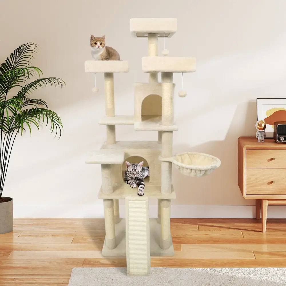 65 Inch Tall Multi-level Cat Tree with 3 Upholstered Perch and 2 Cat Condos-Beige - Beige - Cat Trees Condos &
