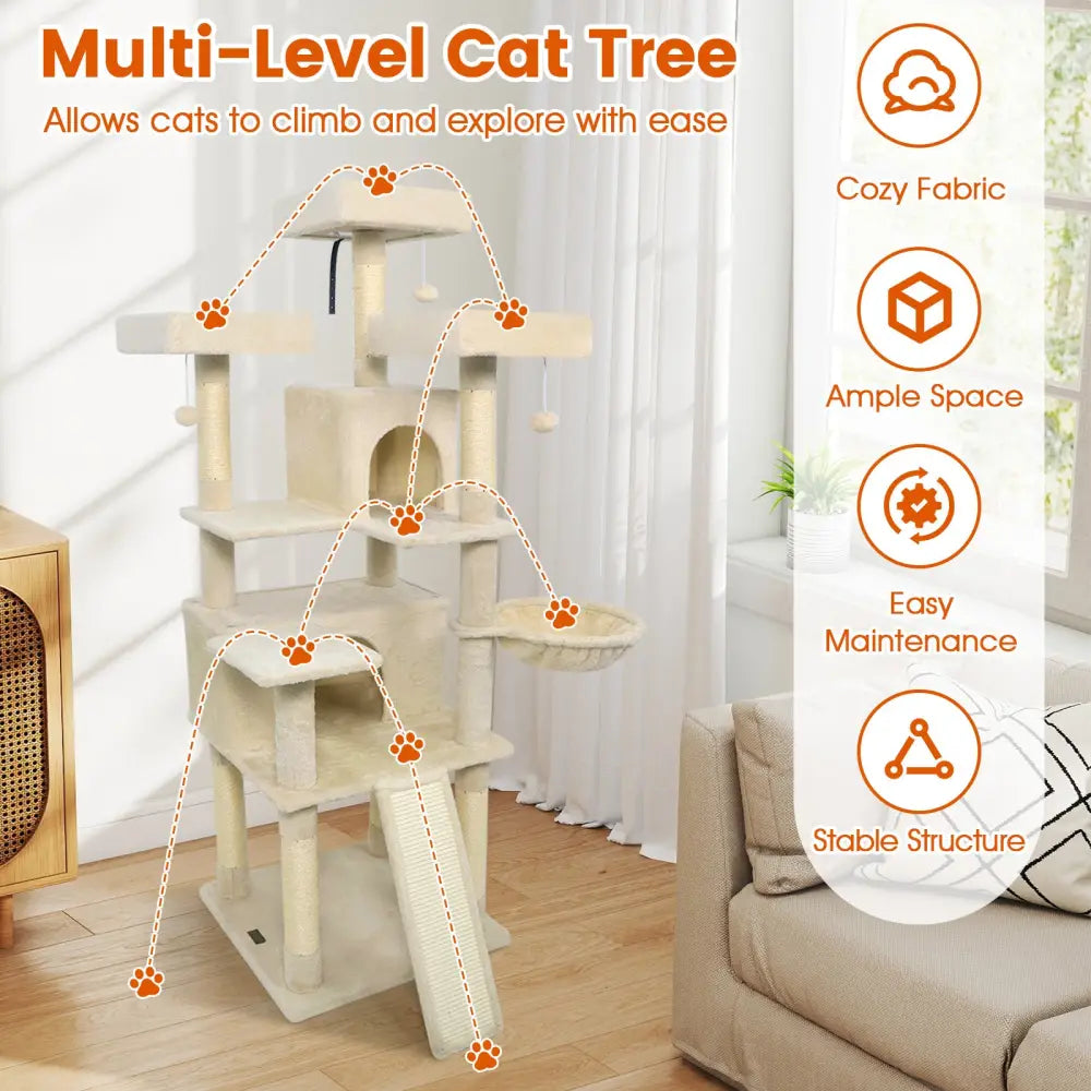 65 Inch Tall Multi-level Cat Tree with 3 Upholstered Perch and 2 Cat Condos-Beige - Beige - Cat Trees Condos &