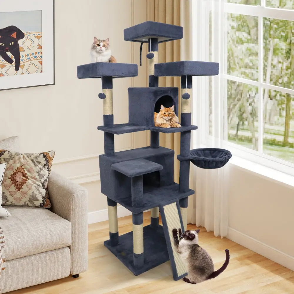 65 Inch Tall Multi-level Cat Tree with 3 Upholstered Perch and 2 Cat Condos-Dark Gray - Dark Gray - Cat Trees Condos &