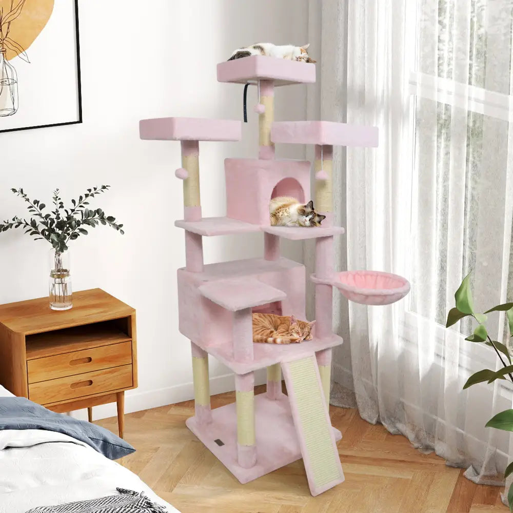65 Inch Tall Multi-level Cat Tree with 3 Upholstered Perch and 2 Cat Condos-Pink - Pink - Cat Trees Condos & Scratchers