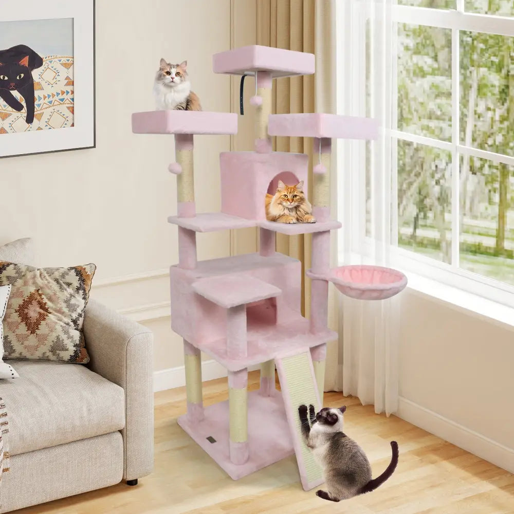 65 Inch Tall Multi-level Cat Tree with 3 Upholstered Perch and 2 Cat Condos-Pink - Pink - Cat Trees Condos & Scratchers