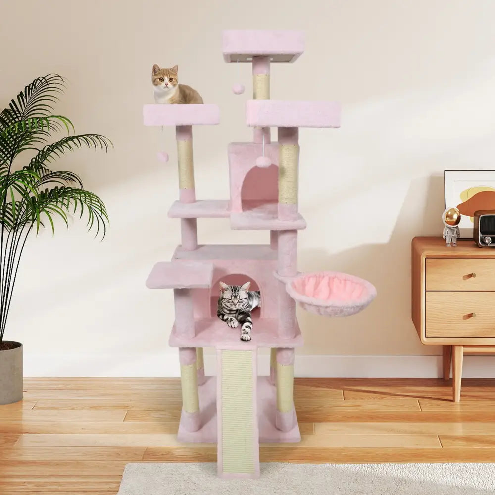 65 Inch Tall Multi-level Cat Tree with 3 Upholstered Perch and 2 Cat Condos-Pink - Pink - Cat Trees Condos & Scratchers
