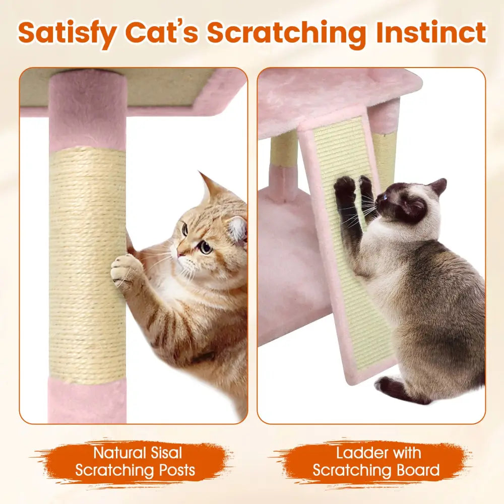 65 Inch Tall Multi-level Cat Tree with 3 Upholstered Perch and 2 Cat Condos-Pink - Pink - Cat Trees Condos & Scratchers