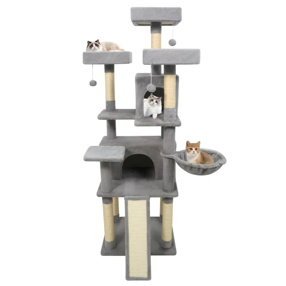 65 Inch Tall Multi-level Cat Tree with 3 Upholstered Perch and 2 Cat Condos-Light Gray - Light Gray - Cat Trees Condos