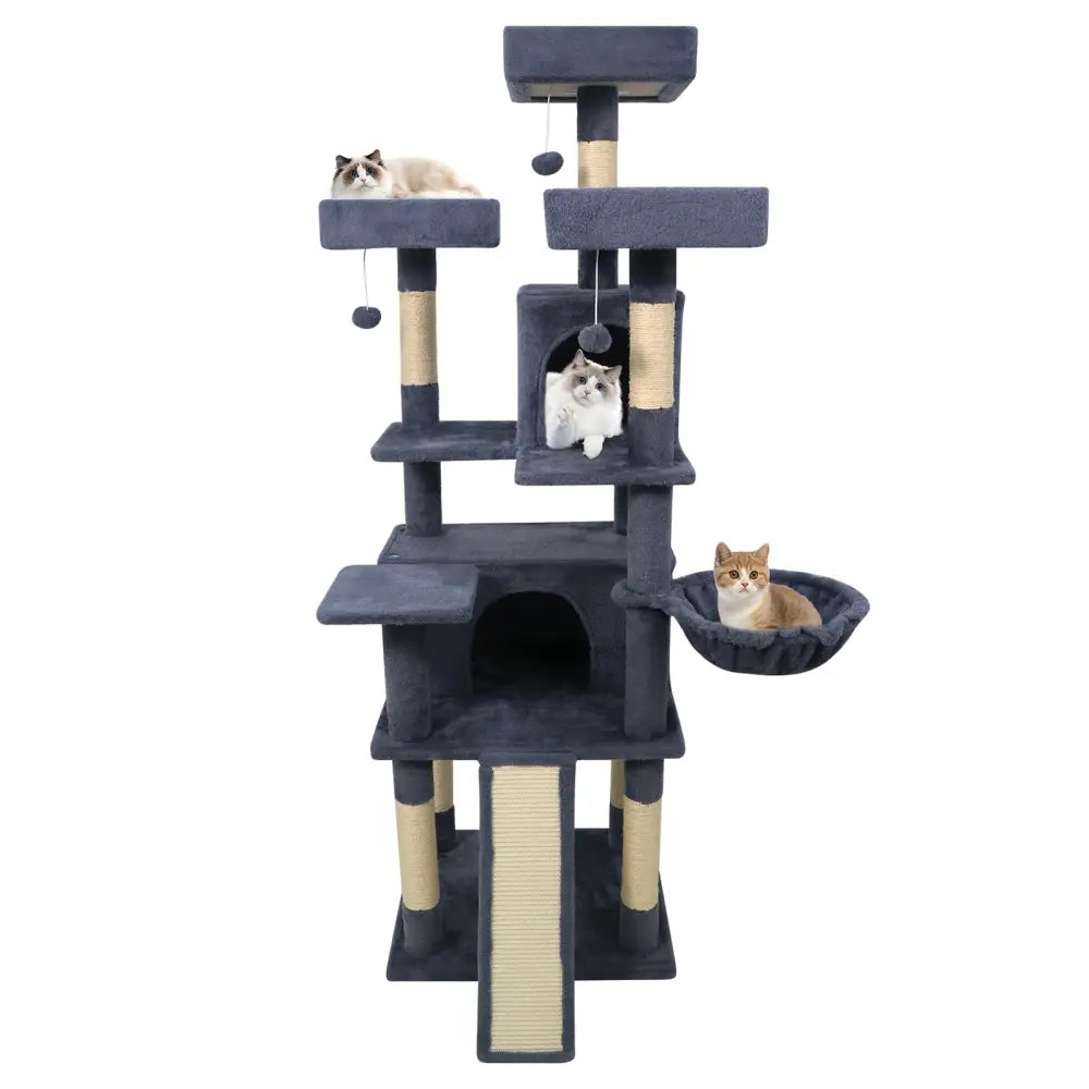 65 Inch Tall Multi-level Cat Tree with 3 Upholstered Perch and 2 Cat Condos-Dark Gray - Dark Gray - Cat Trees Condos &