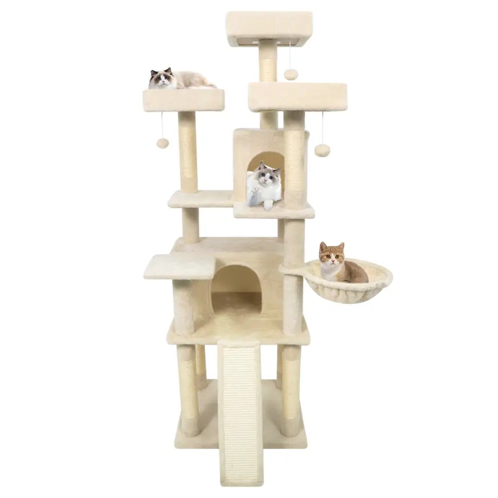 65 Inch Tall Multi-level Cat Tree with 3 Upholstered Perch and 2 Cat Condos-Beige - Beige - Cat Trees Condos &