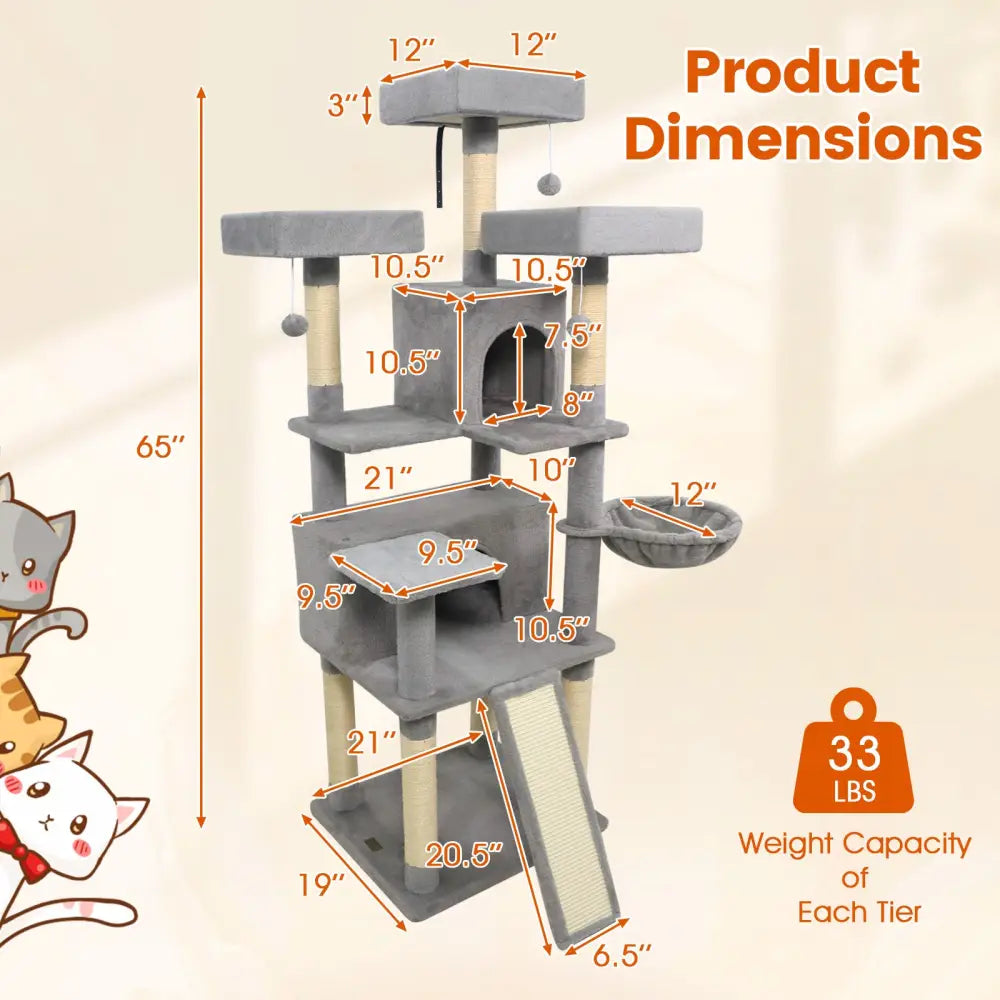 65 Inch Tall Multi-level Cat Tree with 3 Upholstered Perch and 2 Cat Condos-Light Gray - Light Gray - Cat Trees Condos