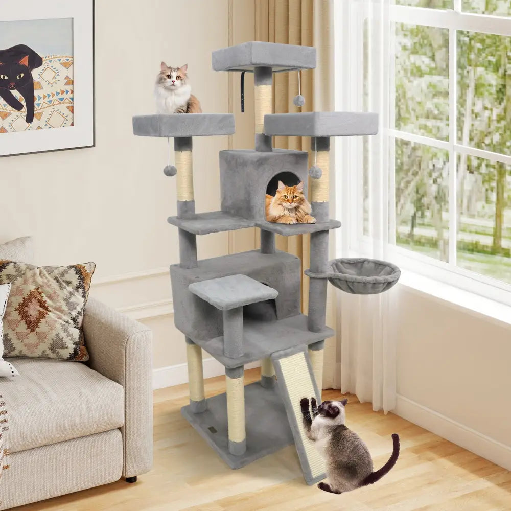 65 Inch Tall Multi-level Cat Tree with 3 Upholstered Perch and 2 Cat Condos-Light Gray - Light Gray - Cat Trees Condos
