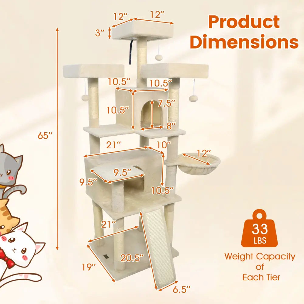 65 Inch Tall Multi-level Cat Tree with 3 Upholstered Perch and 2 Cat Condos-Beige - Beige - Cat Trees Condos &