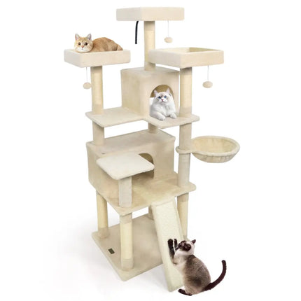65 Inch Tall Multi - level Cat Tree with 3 Upholstered Perch and 2 Cat Condos - Beige - Oasis Home Essentials