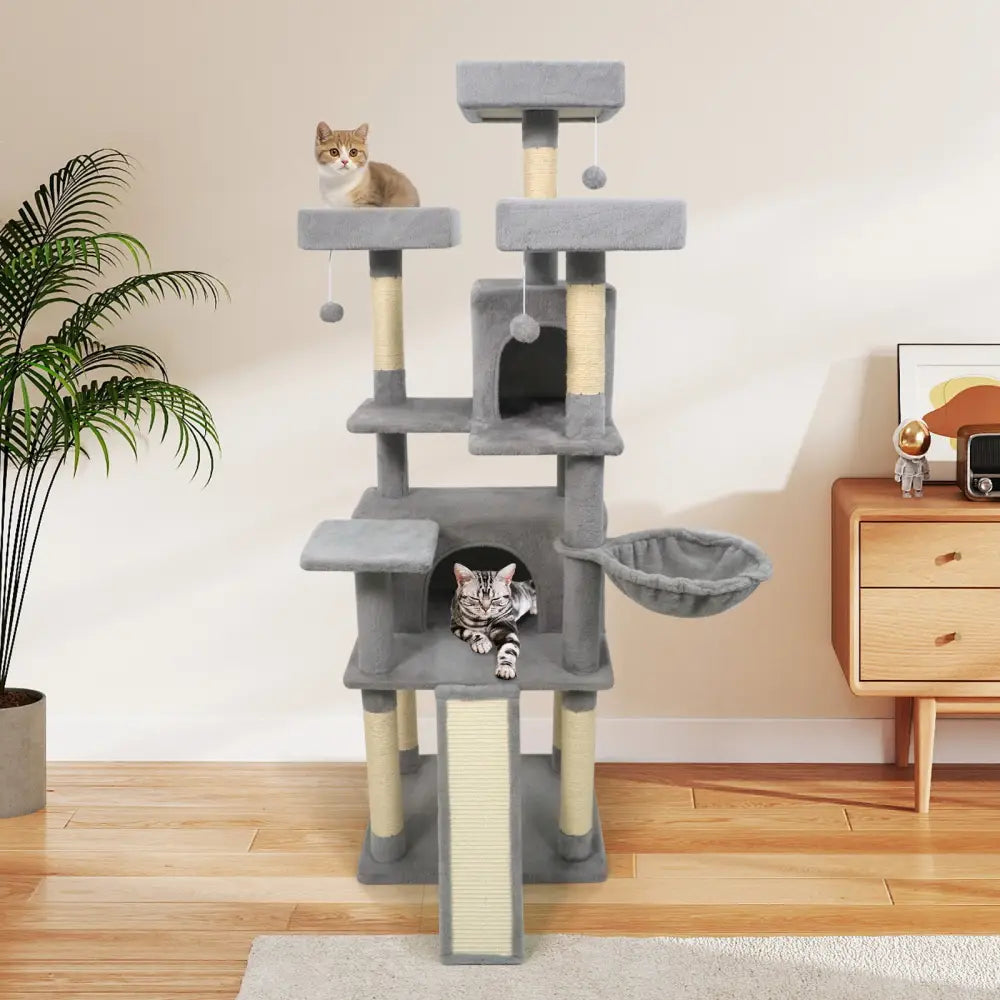 65 Inch Tall Multi-level Cat Tree with 3 Upholstered Perch and 2 Cat Condos-Light Gray - Light Gray - Cat Trees Condos