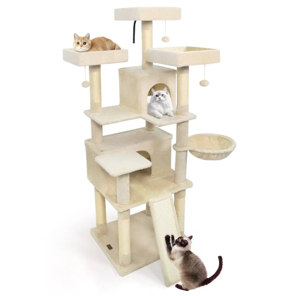65 Inch Tall Multi-level Cat Tree with 3 Upholstered Perch and 2 Cat Condos-Beige - Beige - Cat Trees Condos &