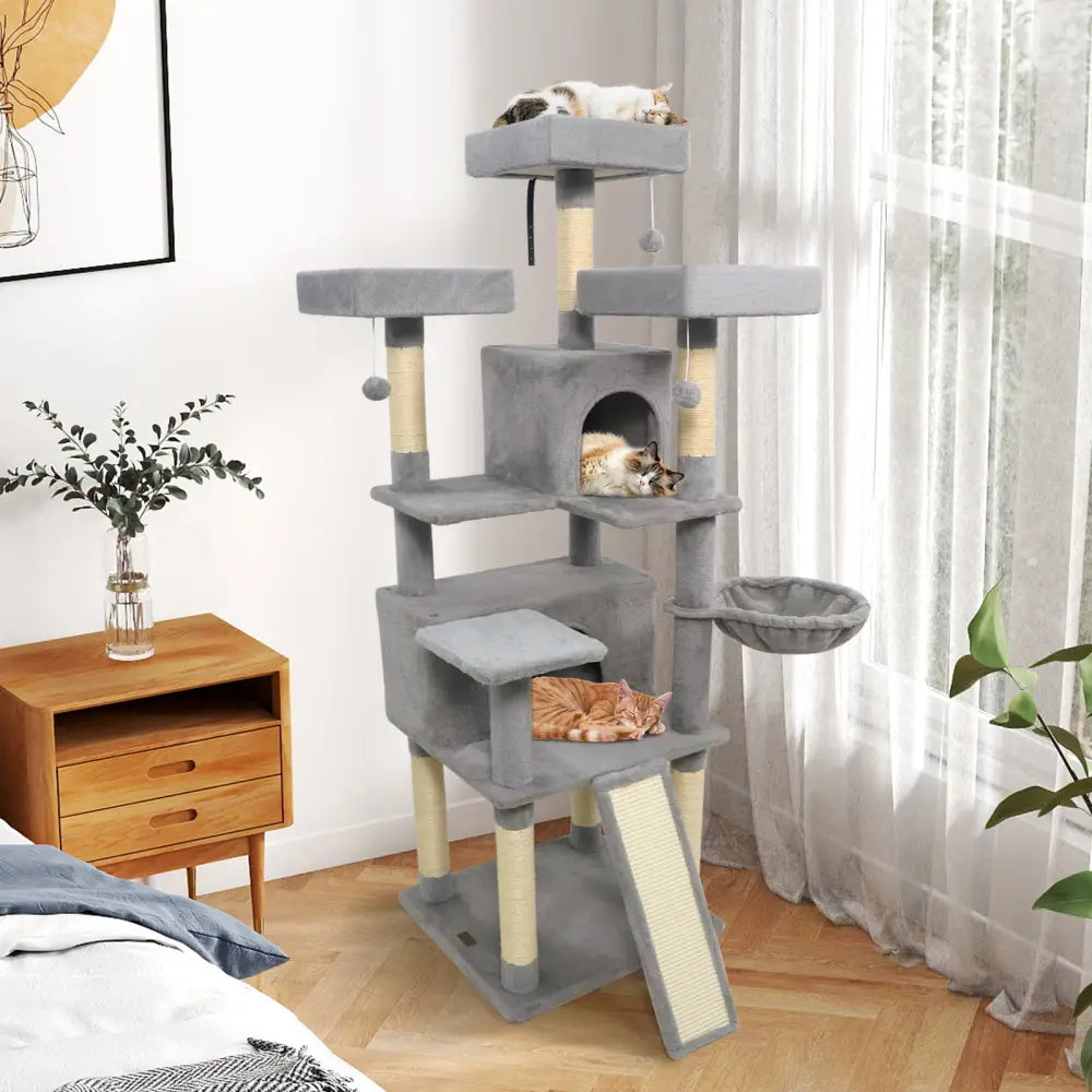 65 Inch Tall Multi-level Cat Tree with 3 Upholstered Perch and 2 Cat Condos-Light Gray - Light Gray - Cat Trees Condos