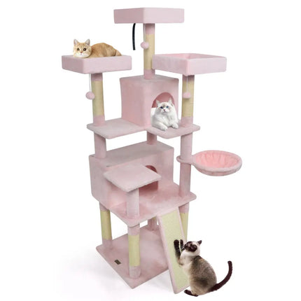 65 Inch Tall Multi-level Cat Tree with 3 Upholstered Perch and 2 Cat Condos-Pink - Pink - Cat Trees Condos & Scratchers