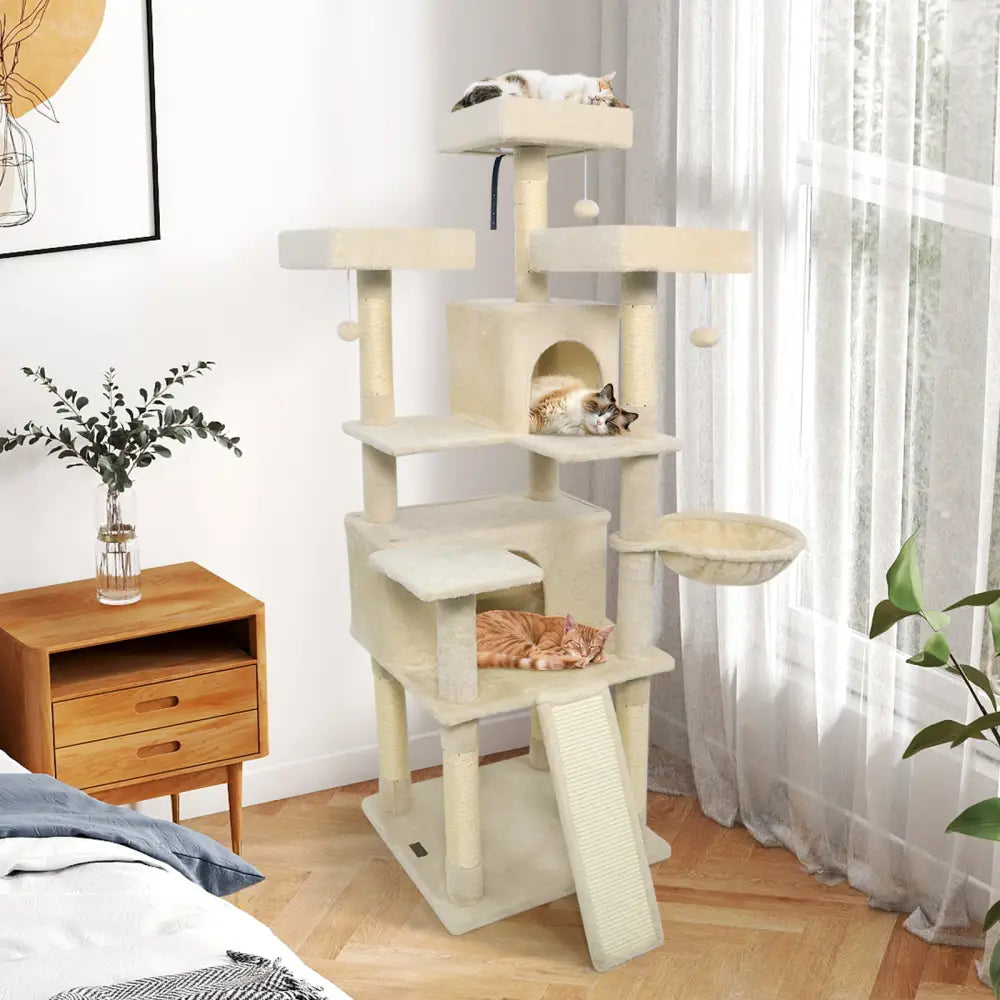 65 Inch Tall Multi-level Cat Tree with 3 Upholstered Perch and 2 Cat Condos-Beige - Beige - Cat Trees Condos &