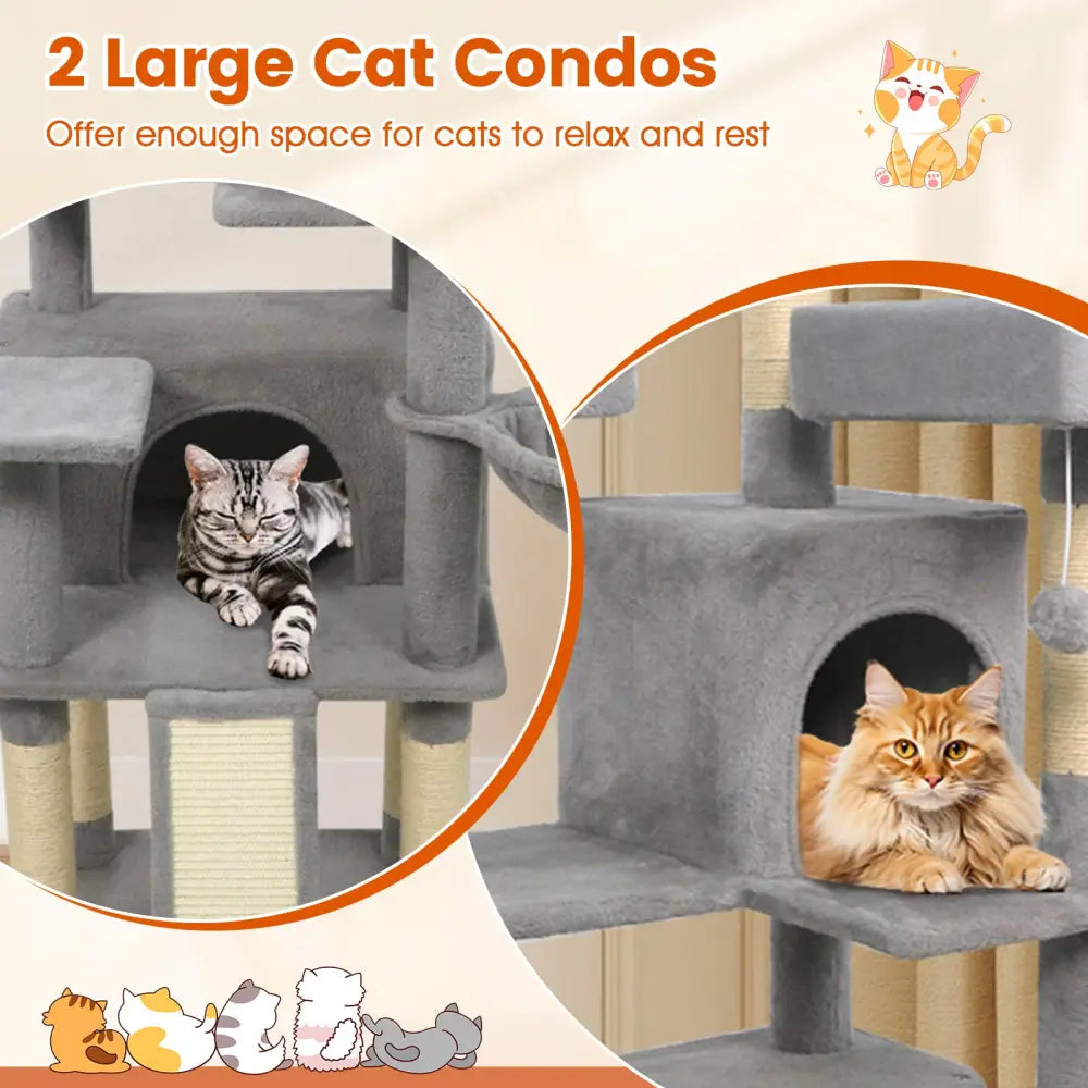65 Inch Tall Multi-level Cat Tree with 3 Upholstered Perch and 2 Cat Condos-Light Gray - Light Gray - Cat Trees Condos
