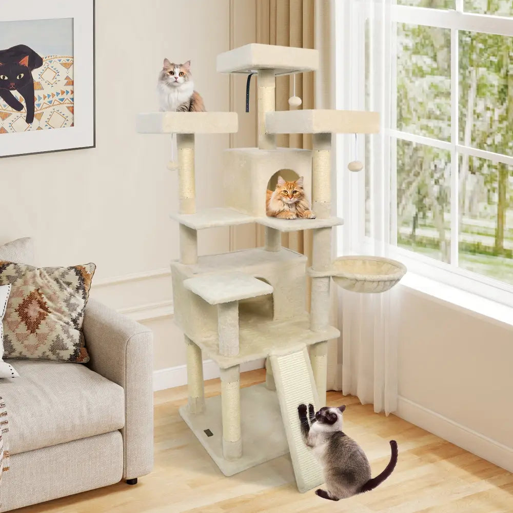 65 Inch Tall Multi-level Cat Tree with 3 Upholstered Perch and 2 Cat Condos-Beige - Beige - Cat Trees Condos &