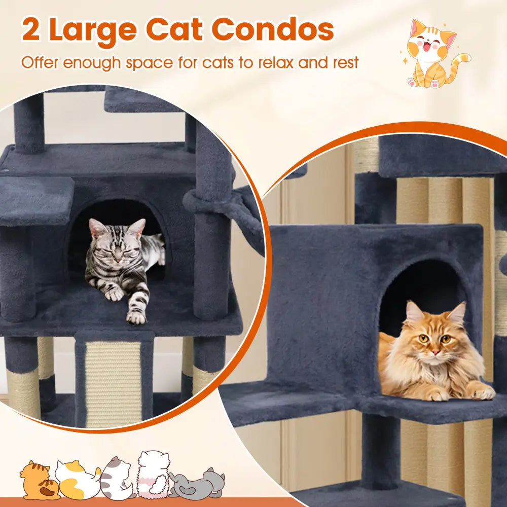 65 Inch Tall Multi-level Cat Tree with 3 Upholstered Perch and 2 Cat Condos-Dark Gray - Dark Gray - Cat Trees Condos &