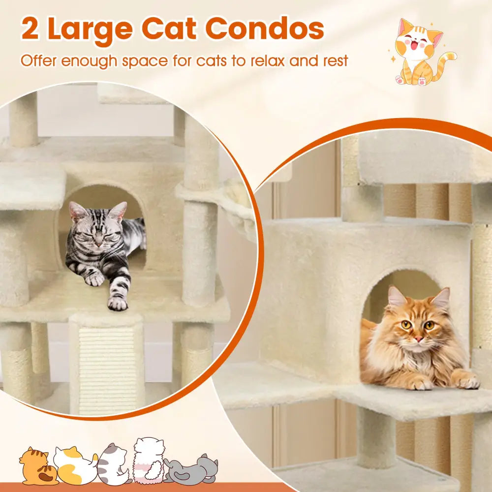 65 Inch Tall Multi-level Cat Tree with 3 Upholstered Perch and 2 Cat Condos-Beige - Beige - Cat Trees Condos &