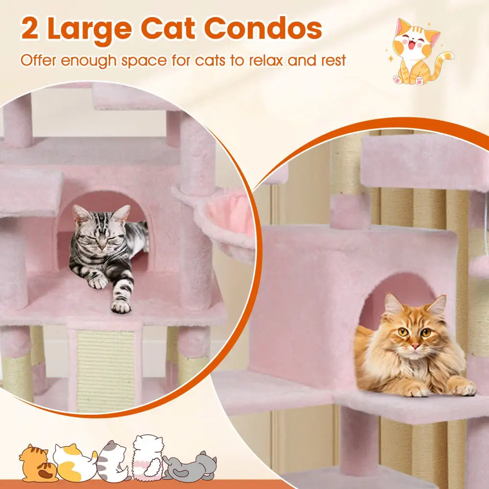 65 Inch Tall Multi-level Cat Tree with 3 Upholstered Perch and 2 Cat Condos-Pink - Pink - Cat Trees Condos & Scratchers