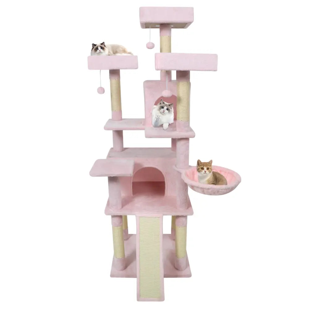 65 Inch Tall Multi-level Cat Tree with 3 Upholstered Perch and 2 Cat Condos-Pink - Pink - Cat Trees Condos & Scratchers