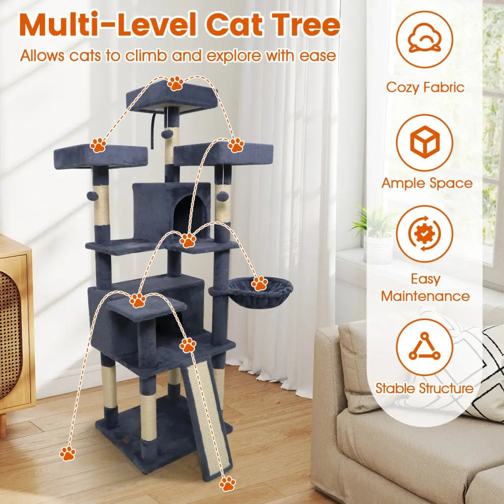 65 Inch Tall Multi-level Cat Tree with 3 Upholstered Perch and 2 Cat Condos-Dark Gray - Dark Gray - Cat Trees Condos &